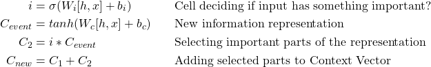 \begin{align*}i &= \sigma(W_i[h,x]+b_i) &&\quad\text{Cell deciding if input has something important?}\\C_{event} &= tanh(W_c[h,x]+b_c)&&\quad\text{New information representation}\\C_2 &= i*C_{event} && \quad\text{Selecting important parts of the representation}\\C_{new} &= C_1 + C_2 &&\quad\text{Adding selected parts to Context Vector}\end{align*}