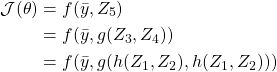 \begin{align*}\mathcal{J}(\theta) &= f(\bar{y},Z_5)\\&= f(\bar{y},g(Z_3,Z_4)) \\&= f(\bar{y},g(h(Z_1,Z_2),h(Z_1,Z_2)))\end{align*}